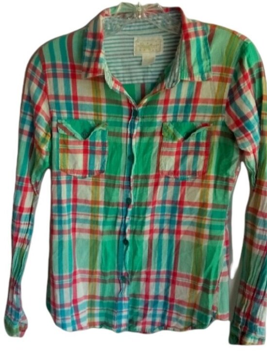 Passport Tops - Passport S Pastel Aqua Red Plaid Cotton Top